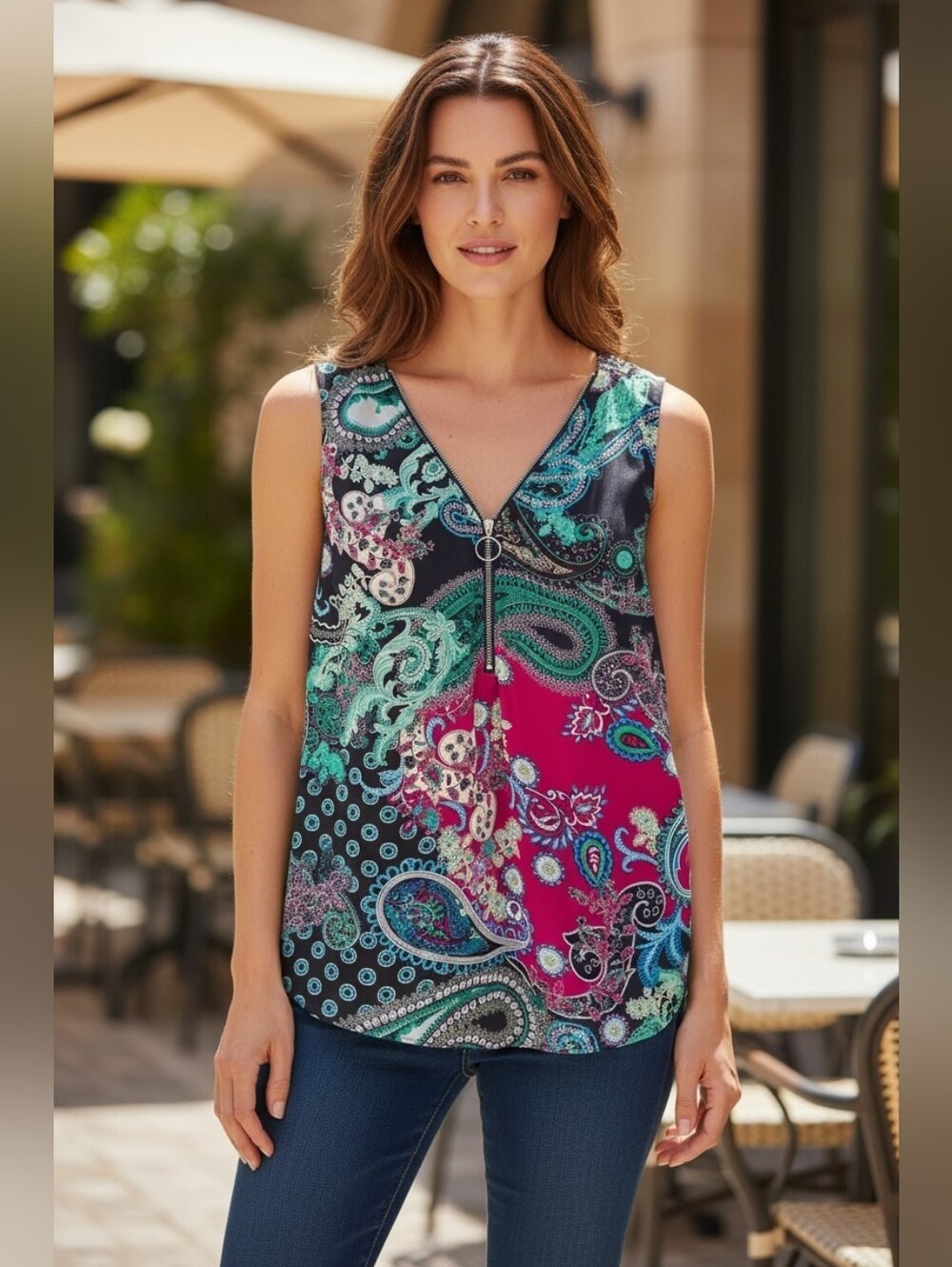 New York & Company Multicolor Paisley Zip-Front Sleeveless Top Size Medium - Picture 8 of 9
